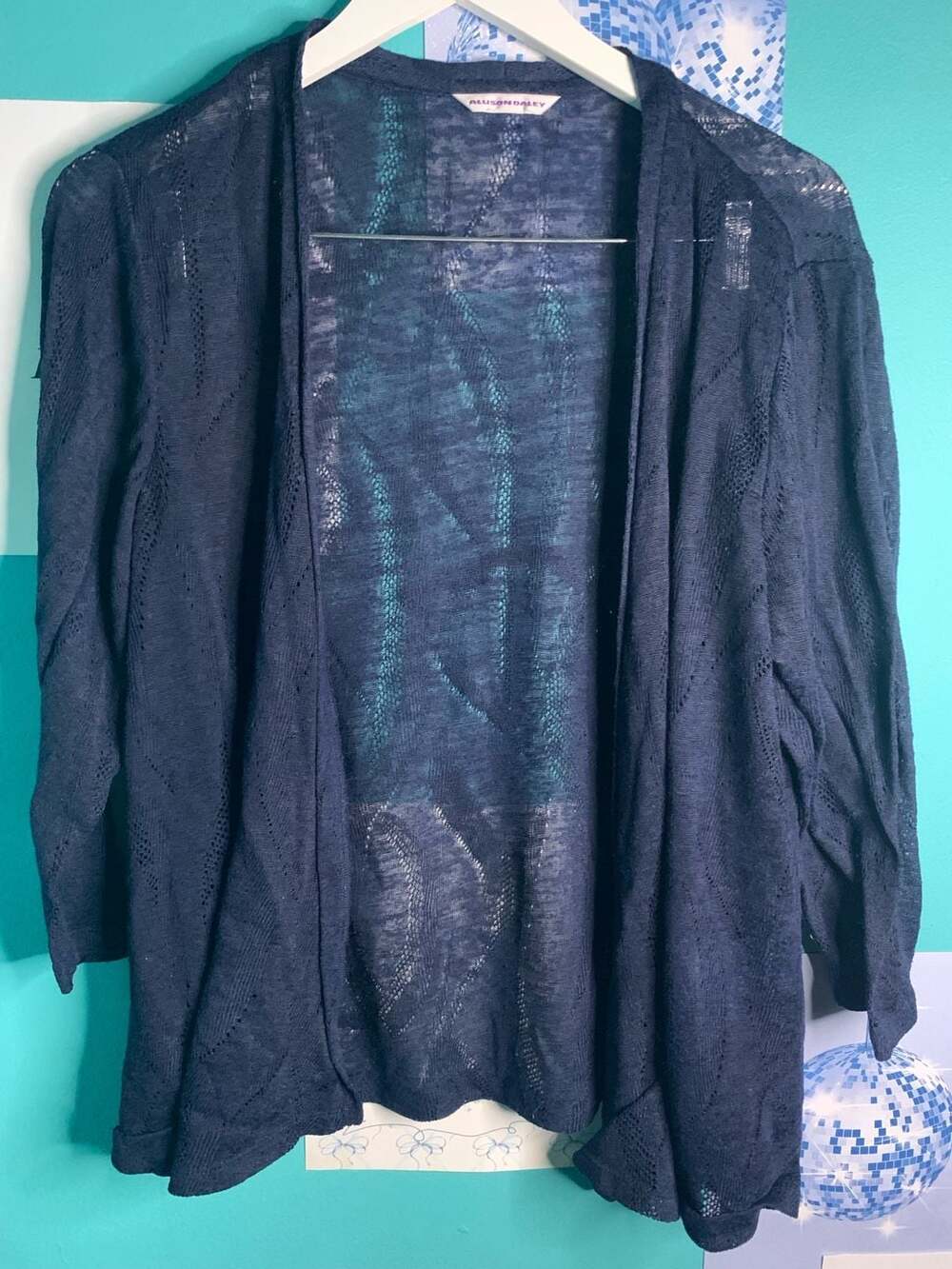 Allison Daley Navy Blue Sheer Knit Open Front Cardigan
